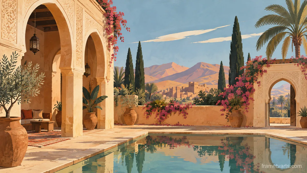 Desert courtyard with carved plaster arches – mid-century travel illustration without text Samsung Frame TV art, 4K
