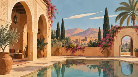 Desert courtyard with carved plaster arches – mid-century travel illustration without text Frame TV art