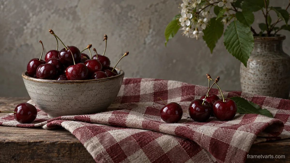 Cherries on a folded checked cloth – fine-art still-life photography Samsung Frame TV art, 4K