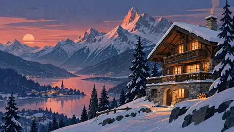 Alpine timber chalet beneath mountain peaks – mid-century travel illustration without text Frame TV art