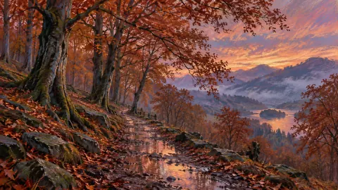 Wet woodland path among copper beeches – soft pastel drawing Frame TV art