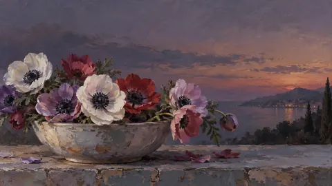 Anemones arranged in a shallow bowl – contemporary loose oil painting Frame TV art