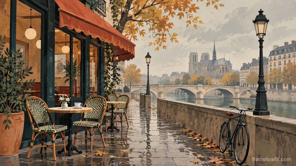 Quiet Paris-inspired corner cafe without lettering – mid-century travel illustration without text Samsung Frame TV art, 4K