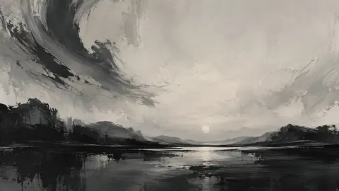 Large gestural brushstrokes around a quiet center – monochrome minimalist abstraction Frame TV art