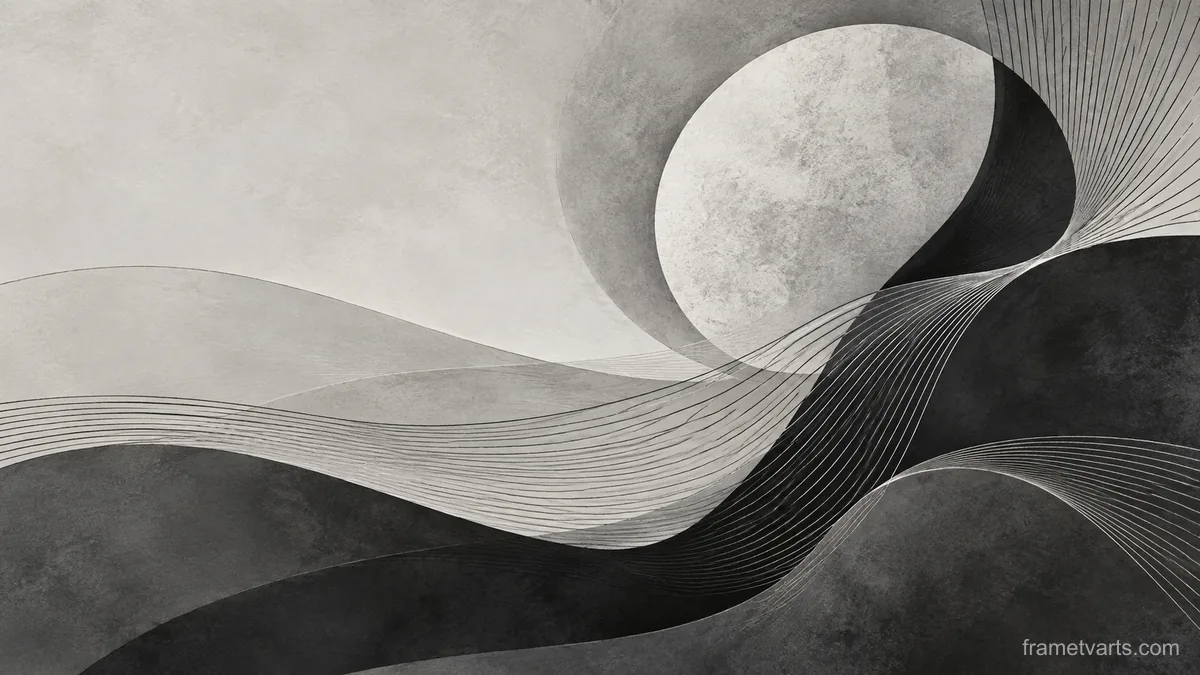 Rhythmic thin lines bending across layered fields – monochrome minimalist abstraction Samsung Frame TV art, 4K