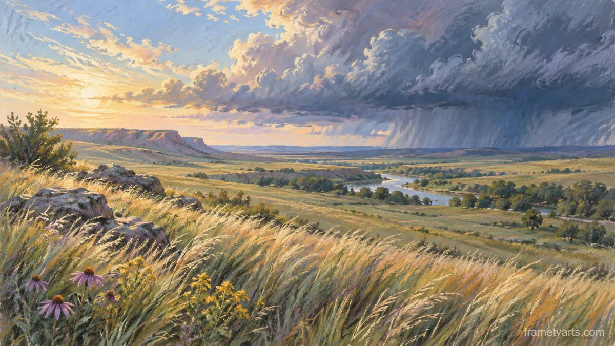 Prairie grass rippling beneath storm clouds – soft pastel drawing Samsung Frame TV art, 4K