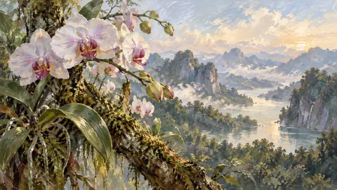 Orchid stems beside a mossy branch – contemporary loose oil painting Frame TV art