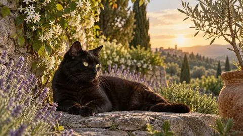 Black cat resting in a sunlit garden – fine-art wildlife photography Frame TV art