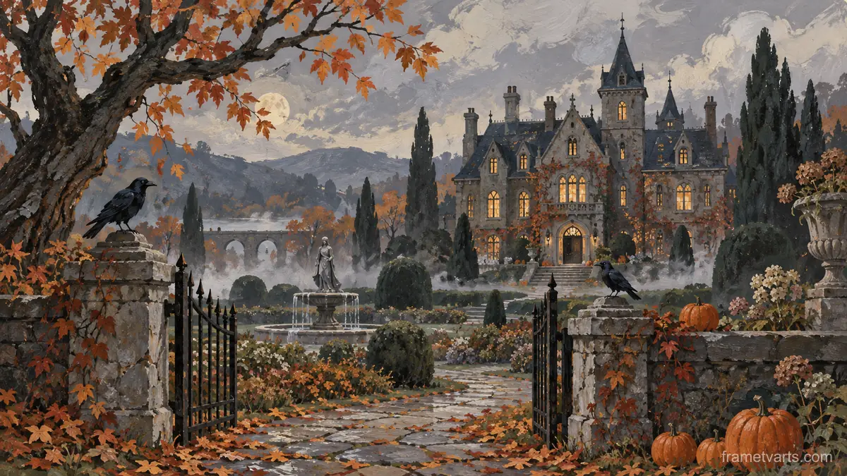 Halloween haunted manor in a misty garden – decorative folk gouache Samsung Frame TV art, 4K