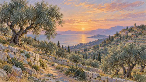 Olive grove on terraced limestone hills – soft pastel drawing Frame TV art