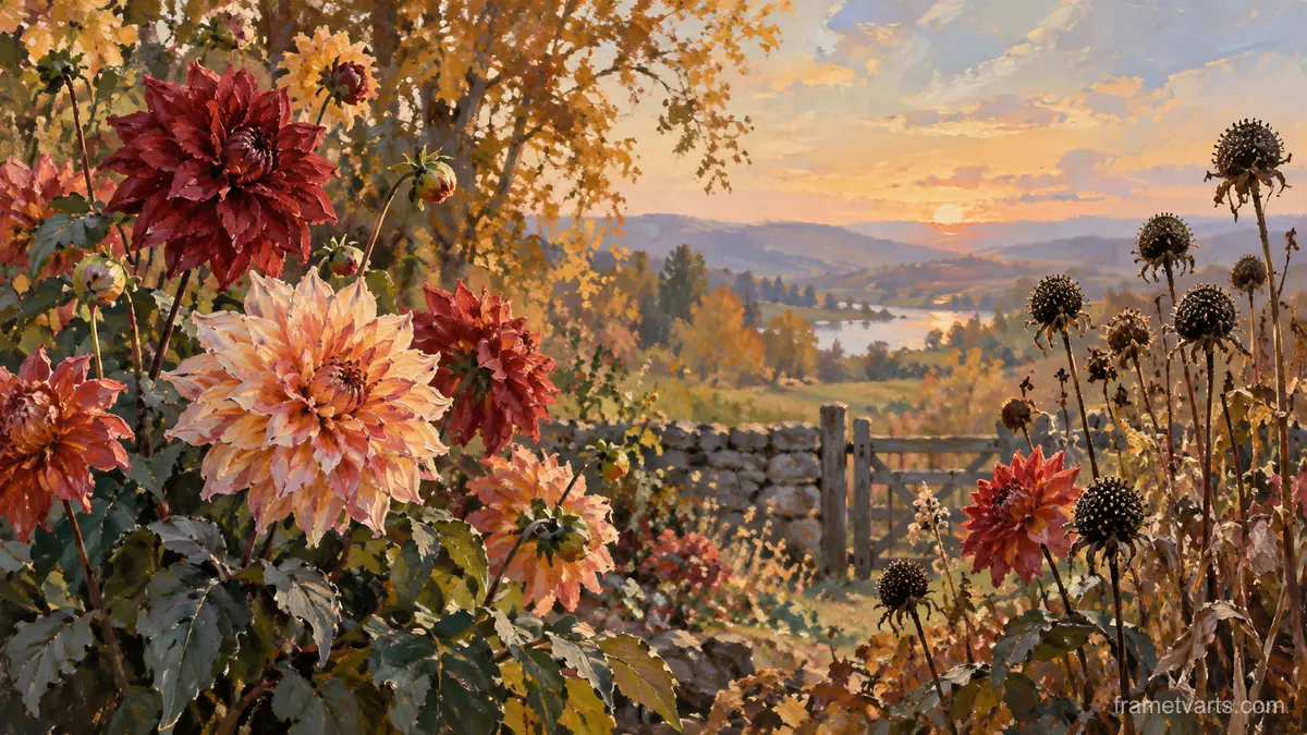 Dahlias and seed heads in autumn garden – contemporary loose oil painting Samsung Frame TV art, 4K