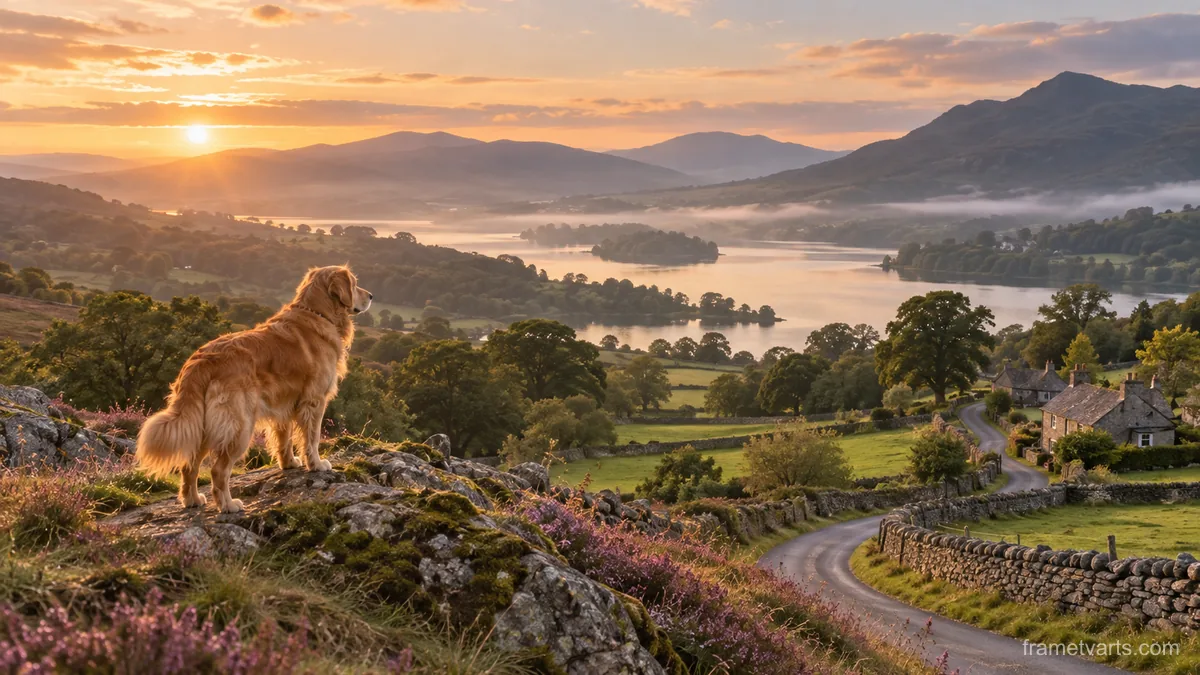 Golden dog beside a quiet country lane – fine-art wildlife photography Samsung Frame TV art, 4K