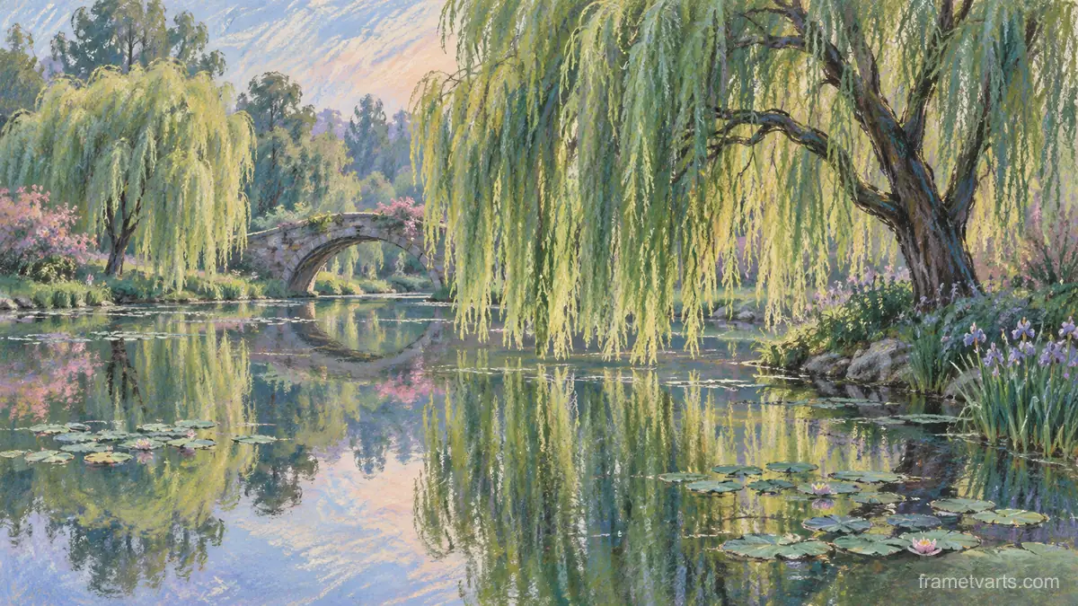 Willow trees reflected in a still pond – soft pastel drawing Samsung Frame TV art, 4K