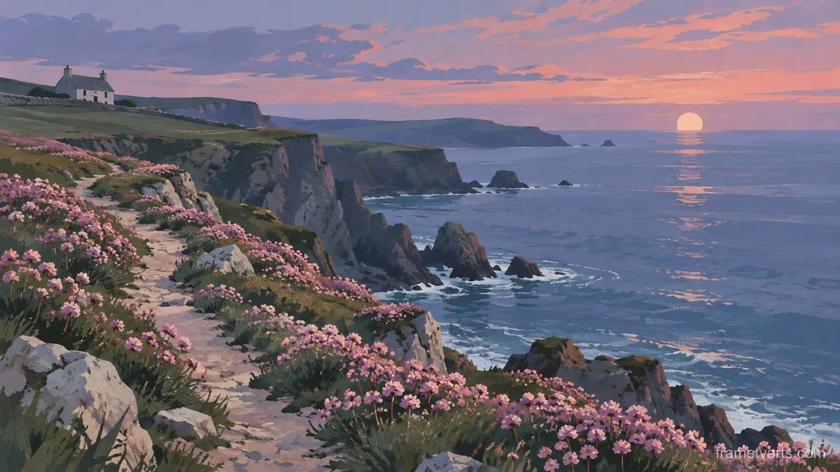 Clifftop path through pink thrift flowers – minimal gouache Samsung Frame TV art, 4K