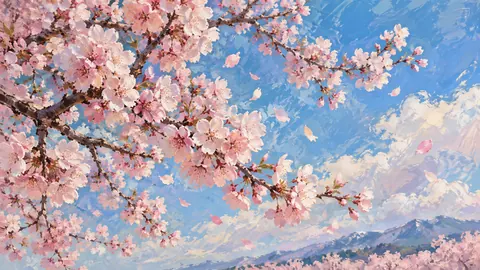 Cherry blossom branches across an open sky – contemporary loose oil painting Frame TV art