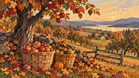 Thanksgiving orchard baskets and fallen leaves – decorative folk gouache Frame TV art