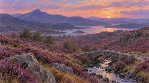 Heather moor and small stone footbridge – soft pastel drawing Frame TV art