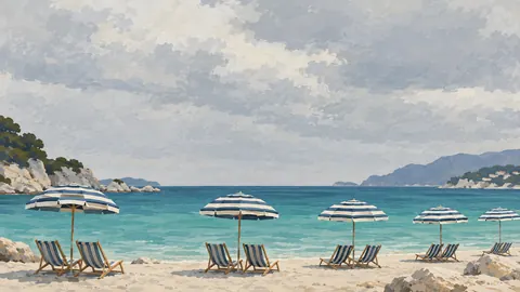 Empty striped beach umbrellas beside turquoise water – minimal gouache Frame TV art