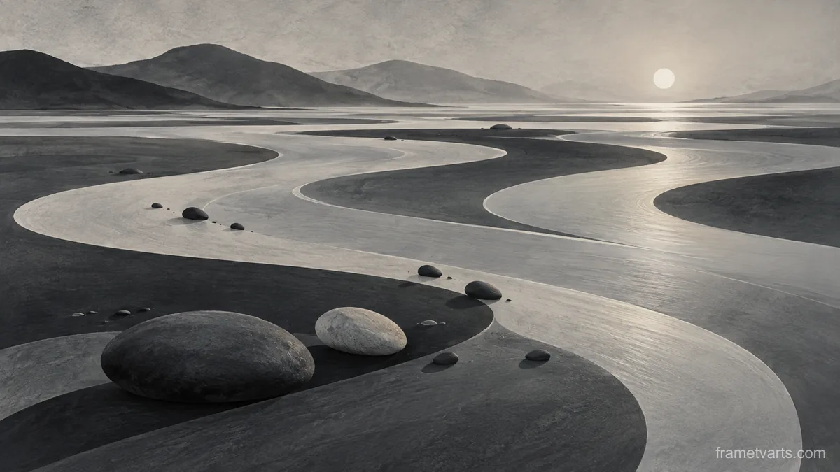 Scattered pebble shapes balanced asymmetrically – monochrome minimalist abstraction Samsung Frame TV art, 4K
