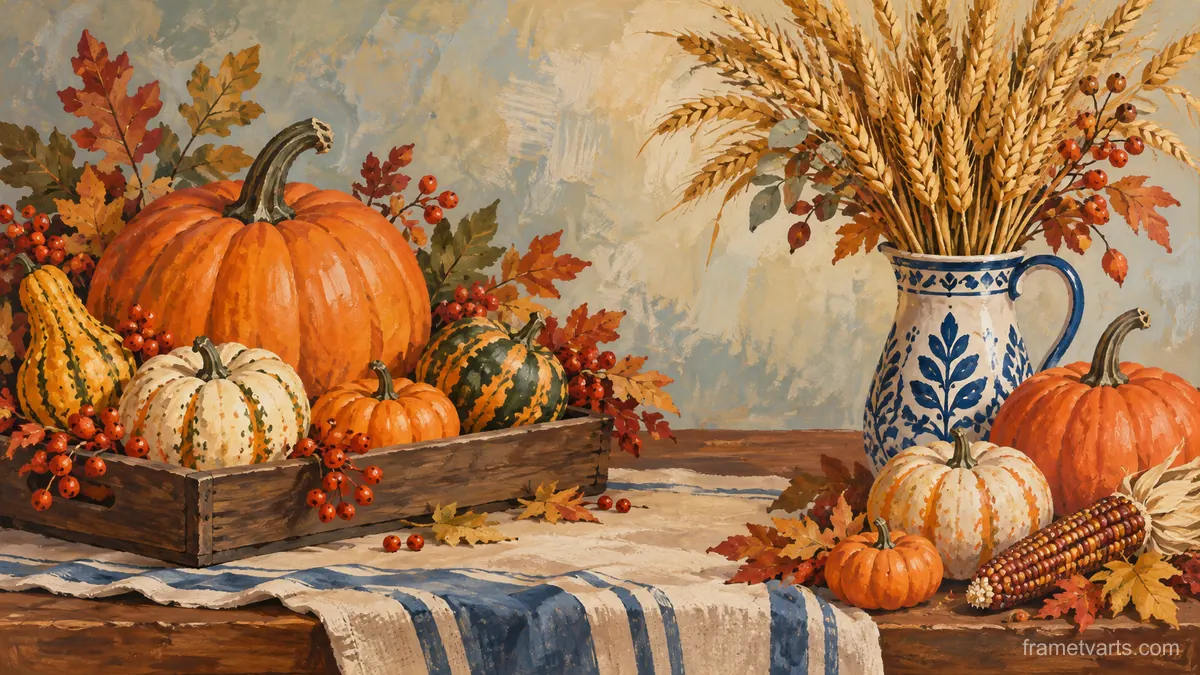 Thanksgiving pumpkin arrangement beside wheat – decorative folk gouache Samsung Frame TV art, 4K