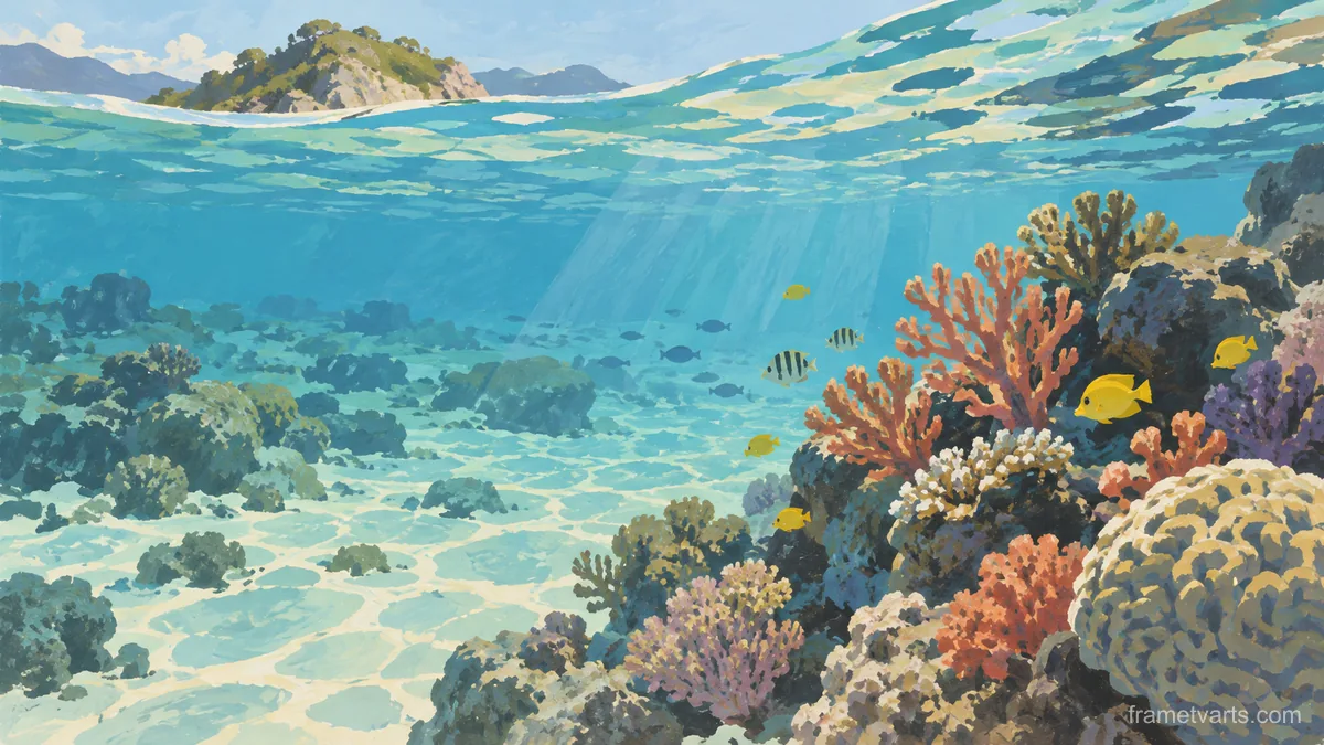 Coral reef viewed through clear shallows – minimal gouache Samsung Frame TV art, 4K