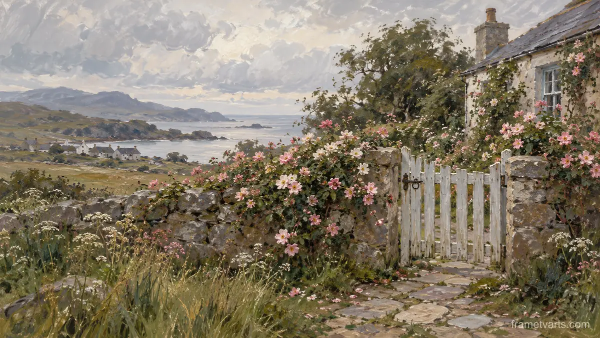 Wild roses around a cottage gate – contemporary loose oil painting Samsung Frame TV art, 4K