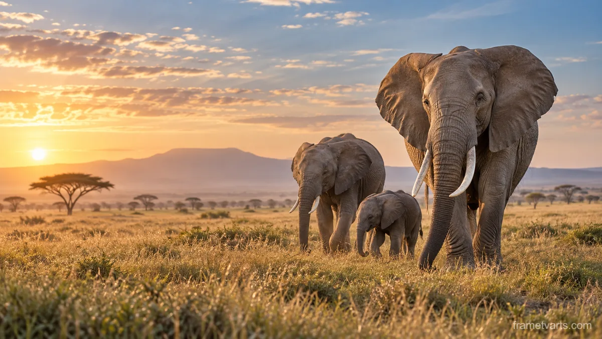 Elephant family crossing open grassland – fine-art wildlife photography Samsung Frame TV art, 4K