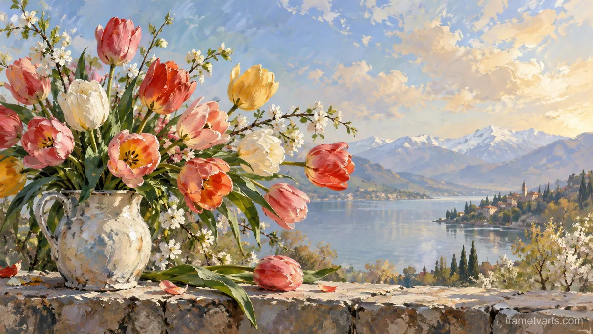 Tulips in an asymmetrical spring arrangement – contemporary loose oil painting Samsung Frame TV art, 4K