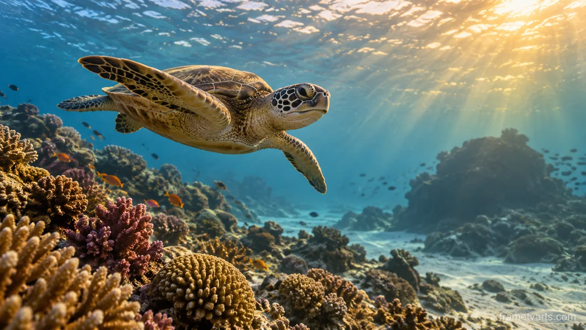 Sea turtle gliding above coral – fine-art wildlife photography Samsung Frame TV art, 4K