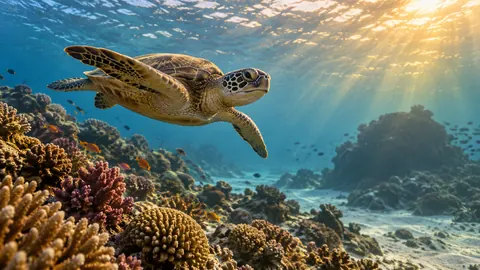 Sea turtle gliding above coral – fine-art wildlife photography Frame TV art