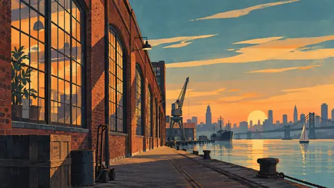 Brick warehouse windows in evening light – mid-century travel illustration without text Frame TV art