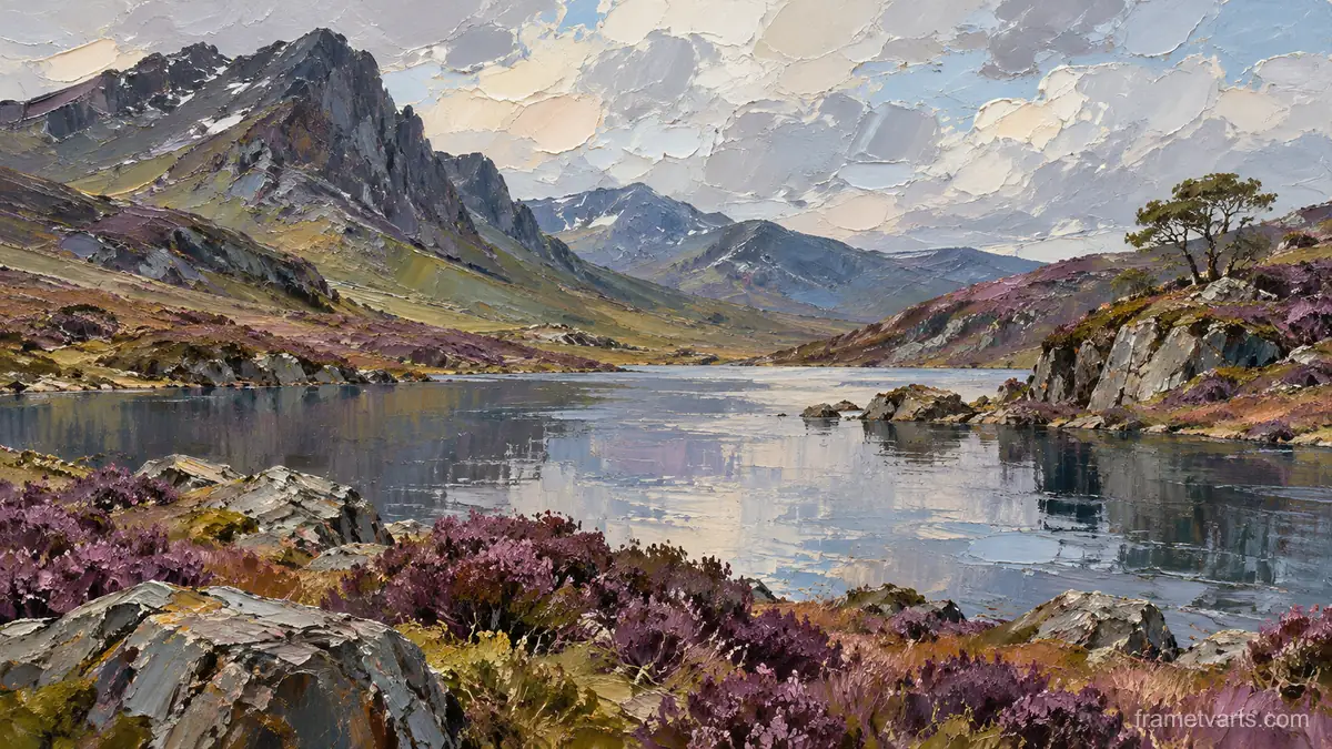 Highland tarn beneath heather slopes – expressive palette-knife painting Samsung Frame TV art, 4K