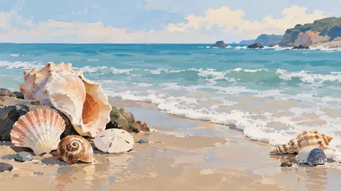 Seashells beside gentle sea foam – minimal gouache Frame TV art