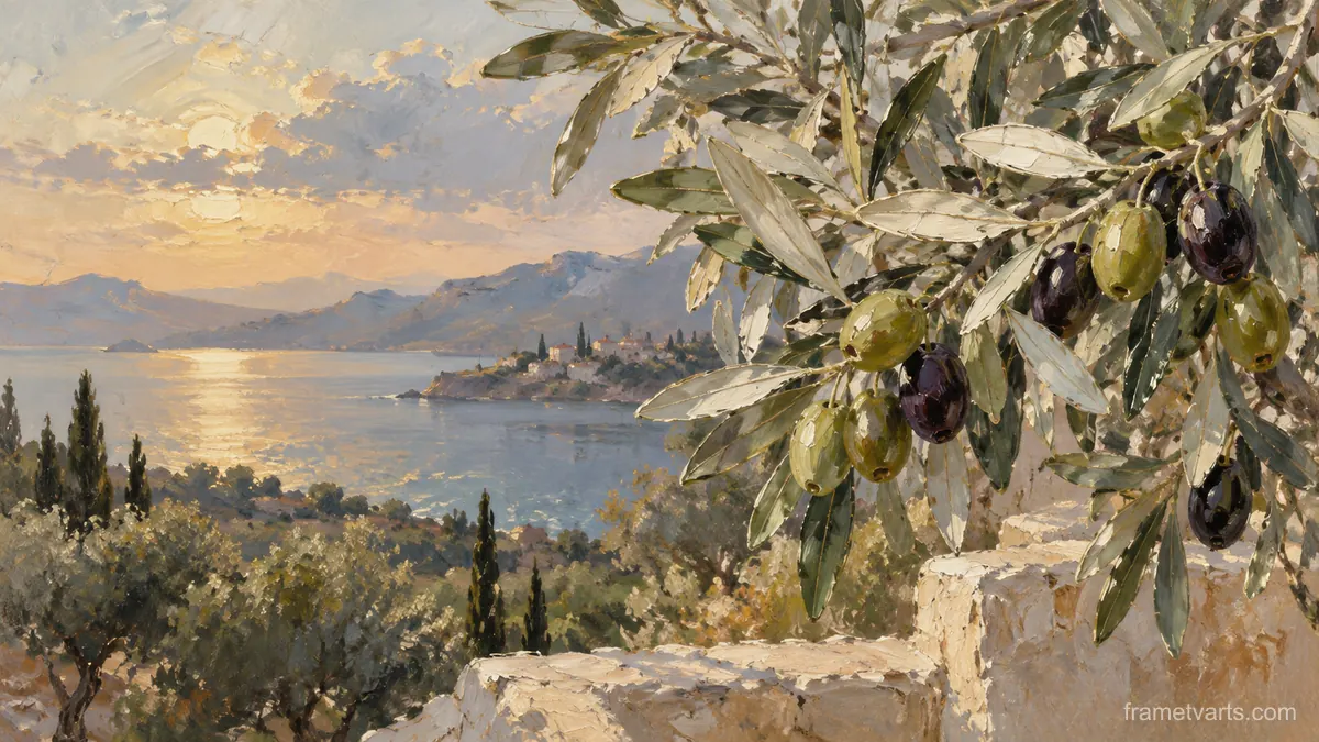 Olive branches and silver foliage – contemporary loose oil painting Samsung Frame TV art, 4K