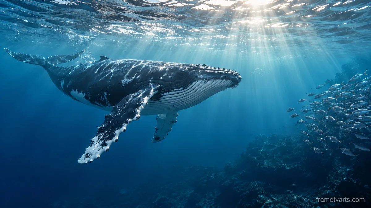 Humpback whale beneath a luminous sea surface – fine-art wildlife photography Samsung Frame TV art, 4K
