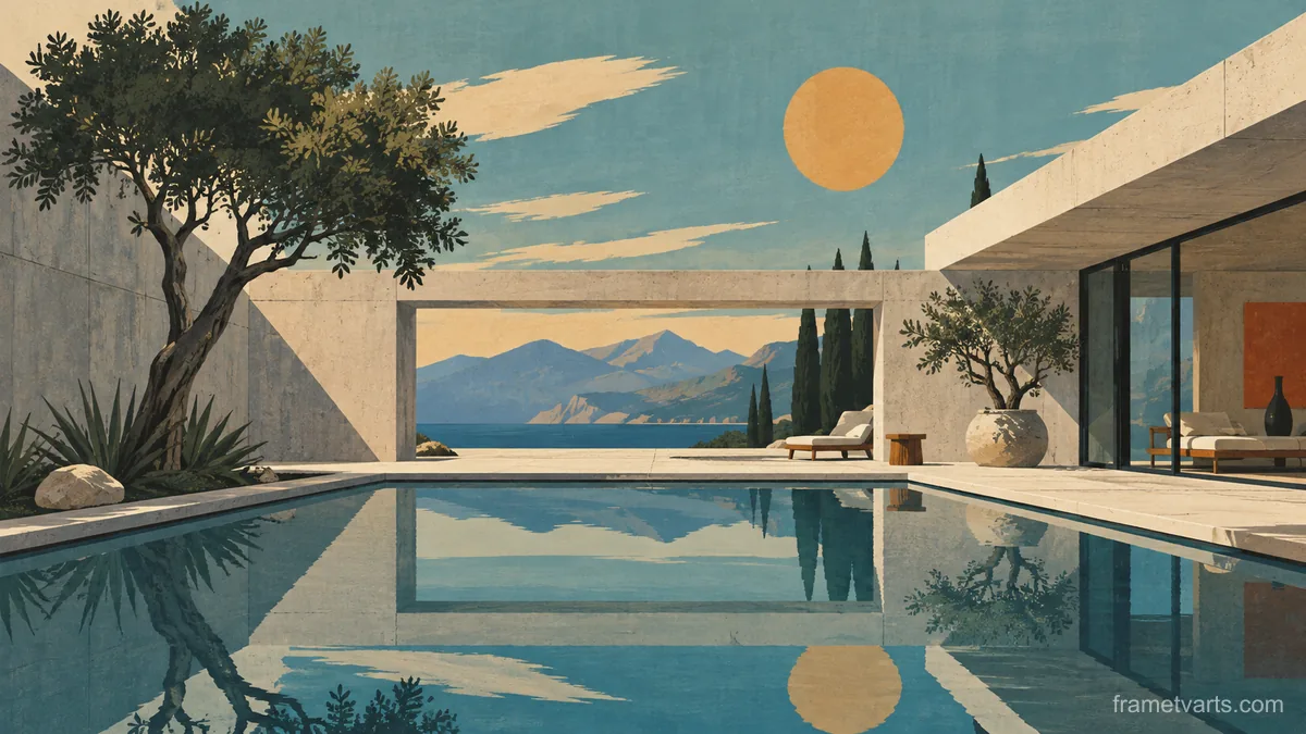 Modern concrete courtyard with reflecting pool – mid-century travel illustration without text Samsung Frame TV art, 4K