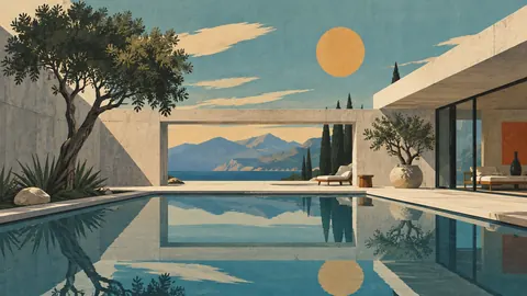 Modern concrete courtyard with reflecting pool – mid-century travel illustration without text Frame TV art