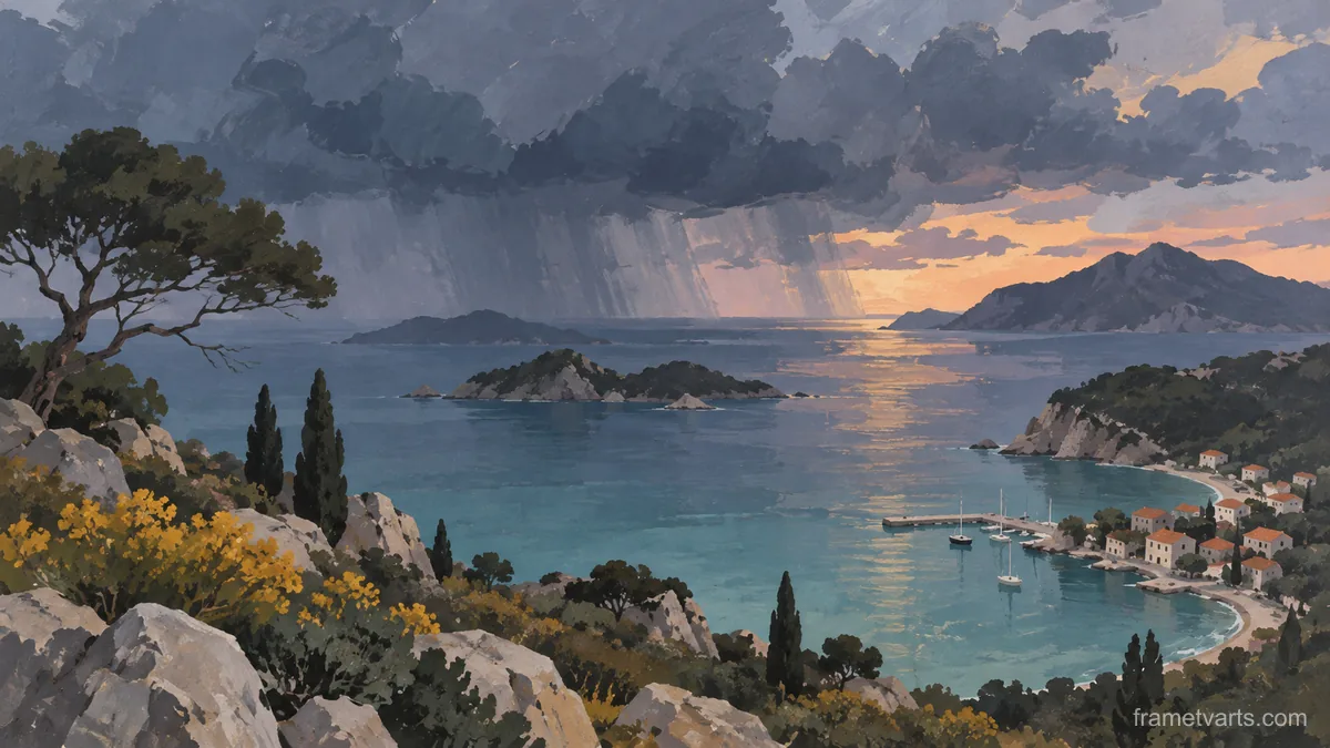 Rain clouds crossing an island bay – minimal gouache Samsung Frame TV art, 4K