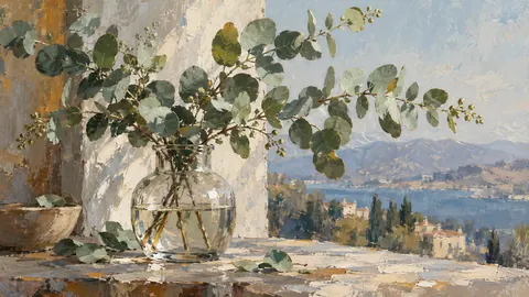 Eucalyptus sprays in a simple glass vessel – contemporary loose oil painting Frame TV art