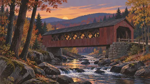 Covered wooden bridge over woodland stream – mid-century travel illustration without text Frame TV art
