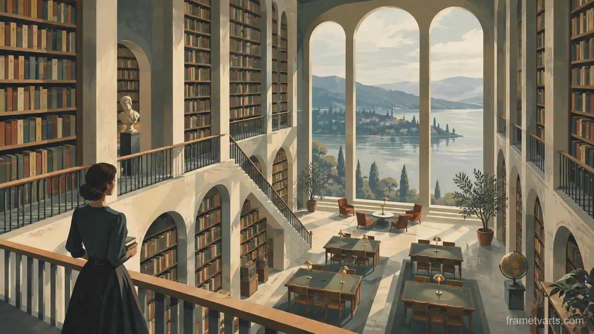 Library with tall shelves of unmarked books – mid-century travel illustration without text Samsung Frame TV art, 4K