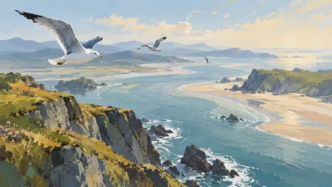 Seabirds above a sweeping coastal inlet – minimal gouache Frame TV art