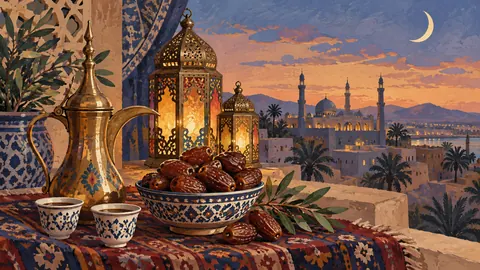 Eid dates and coffee beside decorative lanterns – decorative folk gouache Frame TV art