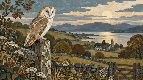 Barn owl on a weathered fence post – decorative folk painting Frame TV art