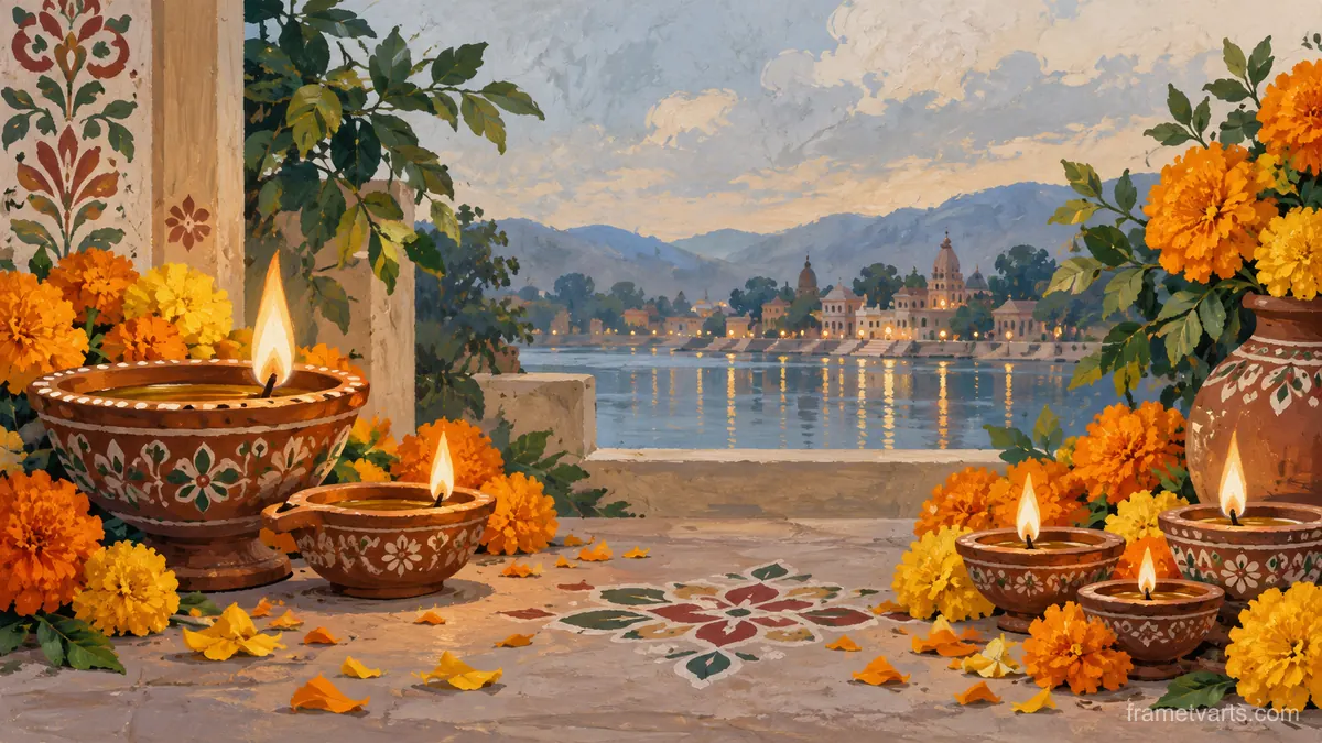 Diwali clay diyas surrounded by marigolds – decorative folk gouache Samsung Frame TV art, 4K