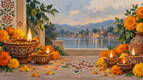 Diwali clay diyas surrounded by marigolds – decorative folk gouache Frame TV art