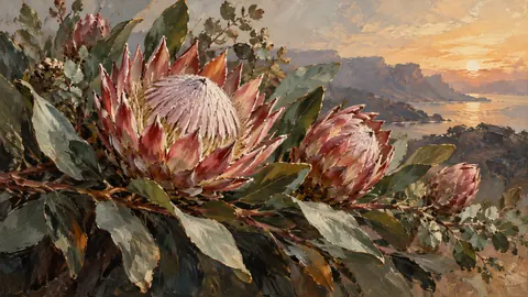 Protea flowers with sculptural foliage – contemporary loose oil painting Frame TV art