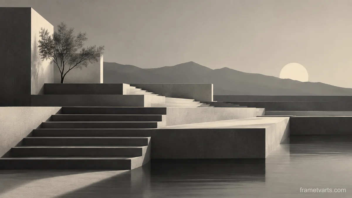 Terraced stepped forms with recessed shadows – monochrome minimalist abstraction Samsung Frame TV art, 4K