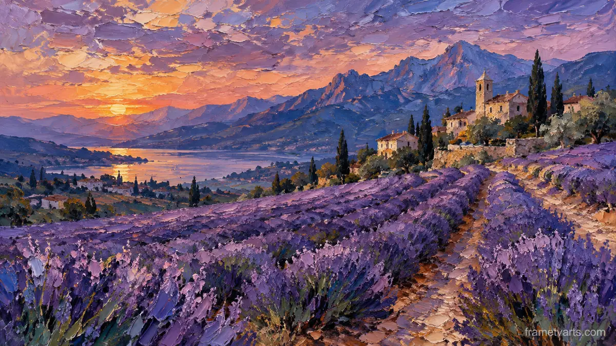 Lavender field beside distant mountains – expressive palette-knife painting Samsung Frame TV art, 4K