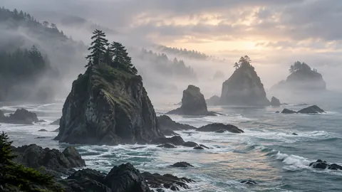 Sea stacks emerging through morning mist – fine-art photography Frame TV art
